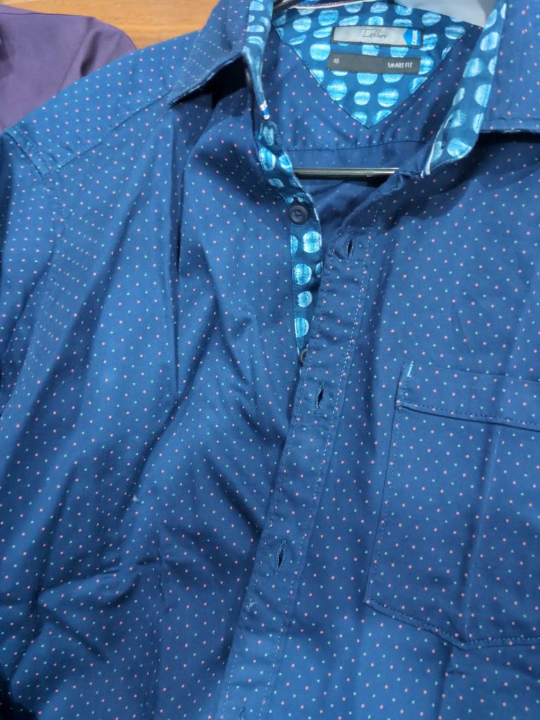 S-016 — Navy Polka Dot Shirt with Contrast Trim (Tallia Casual)