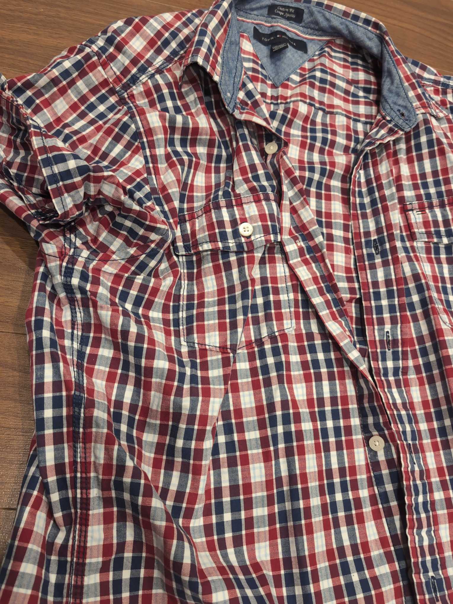 S-023 — Red, Navy & White Check Short Sleeve Shirt (Tommy Hilfiger Custom Fit)